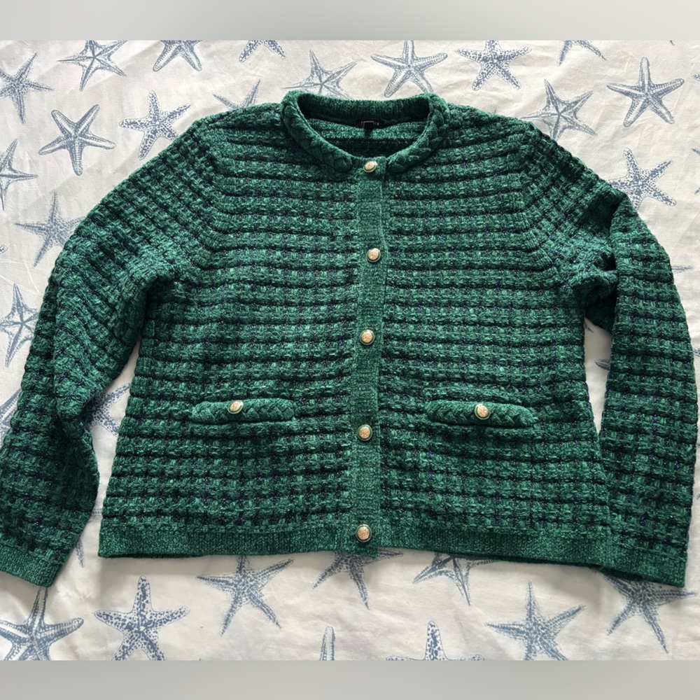Talbots Chenille Cardigan Sweater Green Blue Metallic Thread Gold-Tone Buttons L - Picture 3 of 9